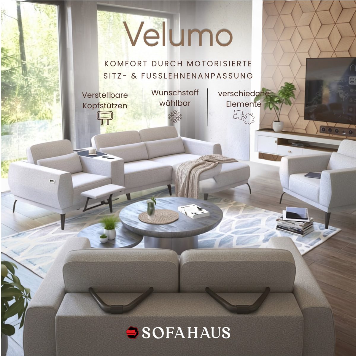 Sofa Velumo, motorisierte Sitz- und Fußlehnenanpassung